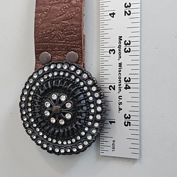 Brown Tooled Leather Belt with Coppery Metal Buckle With Rhinstones - Picture 8 of 13